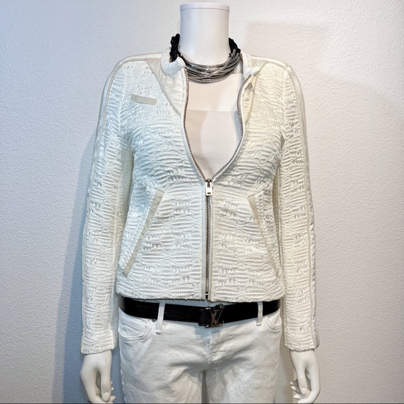 IRO • Kendall Jenner • Felicy Ivory Jacquard Silk Lamb Leather Trim Moto Jacket - Picture 3 of 16